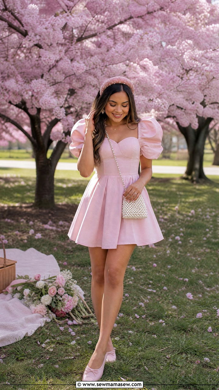 Puff Sleeve Mini Dress with Ballet Flats and Headband - 30 Picnic outfit ideas