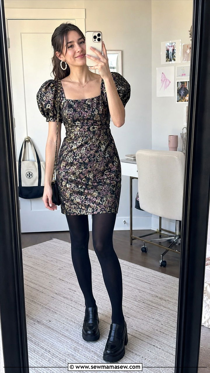 Puff Sleeve Mini Dress with Tights and Loafers - 25 Wedding guest outfit ideas for college girls