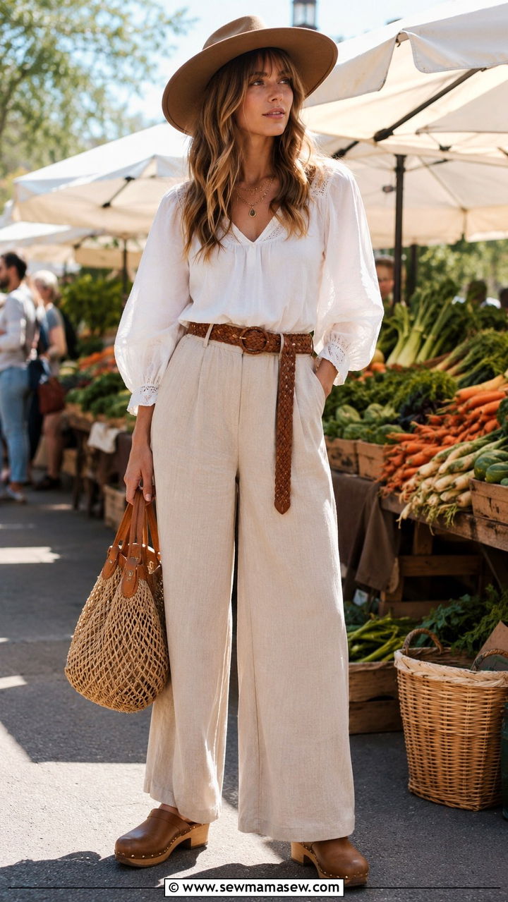 Puff Sleeve Peasant Top and Wide Leg Linen Trousers - 25 Boho outfit ideas 60s style