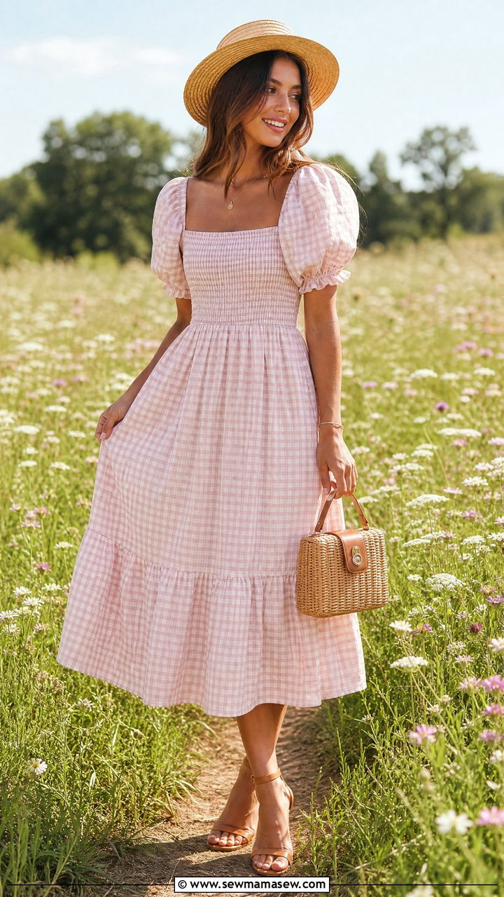 Puff Sleeve Smocked Midi Dress Outfit - 30 bridal shower outfit ideas for women