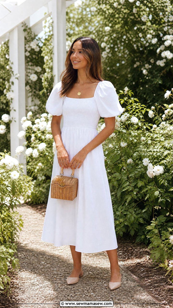 Puff Sleeve Tea Dress Garden Wedding Guest Look - 30 Garden attire wedding guest outfit ideas