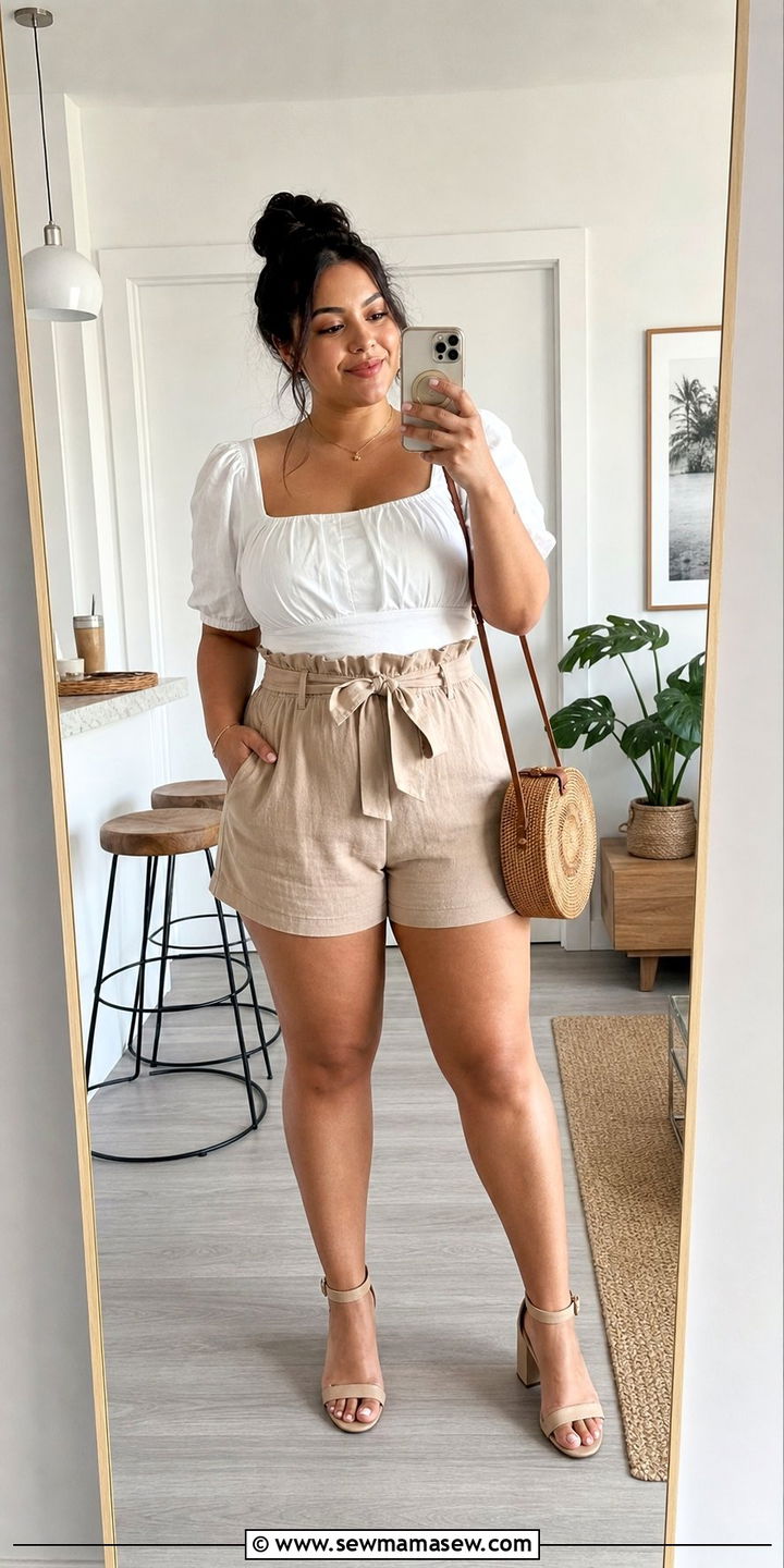 Puff Sleeve Top And Paperbag Waist Shorts - 35 Brunch outfits for curvy women