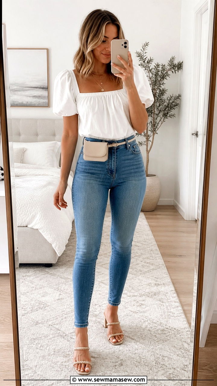 Puff Sleeve Top And Skinny Jeans Mom Outfit - 40 Stylish outfits for moms
