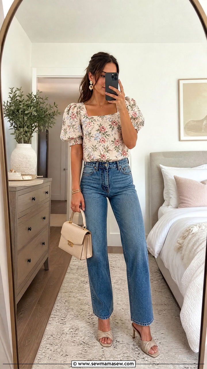 Puff Sleeve Top And Straight Leg Jeans Outfit For Housewarming Party - 35 Housewarming party outfit ideas