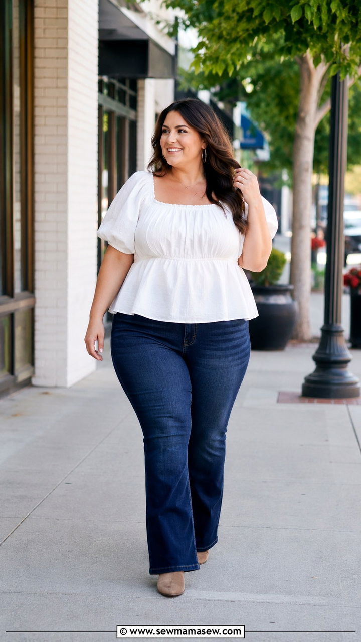 Puff Sleeve Top With Dark Wash Bootcut Jeans - 25 Outfit ideas for pear shape plus size
