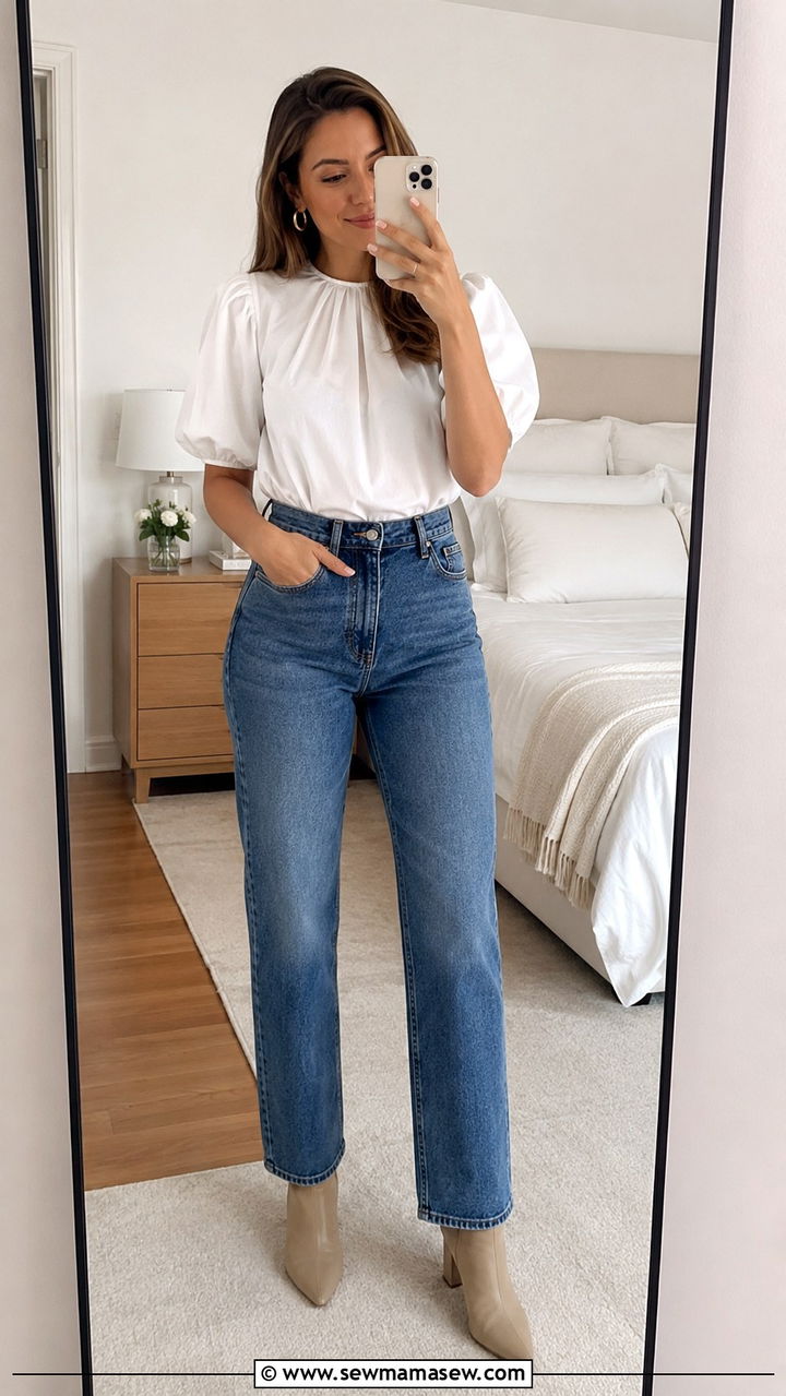Puff Sleeve Top With High Waisted Jeans Rectangle Body - 30 Outfit ideas for rectangle body