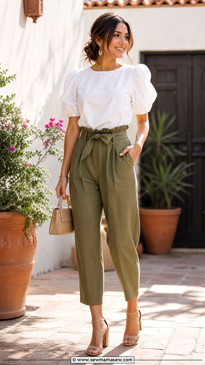Puff Sleeve Top With Paperbag Waist Pants Outfit - 30 Mid spring outfits