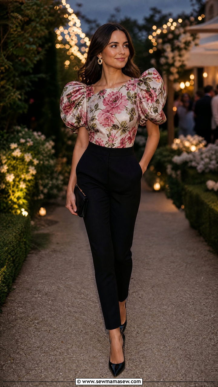 Puff Sleeve Top With Slim Trousers Outfit - 30 summer night out outfit ideas