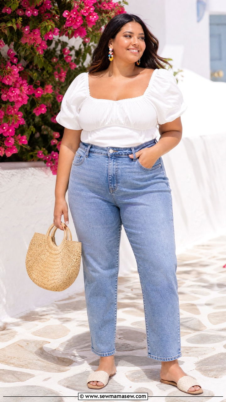 Puff Sleeve Top With Straight Leg Jeans Outfit - 30 Cute outfits for curvy women