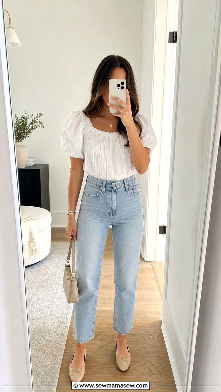 Puff Sleeve Top and High Waisted Jeans Outfit - 20 cute outfits to copy