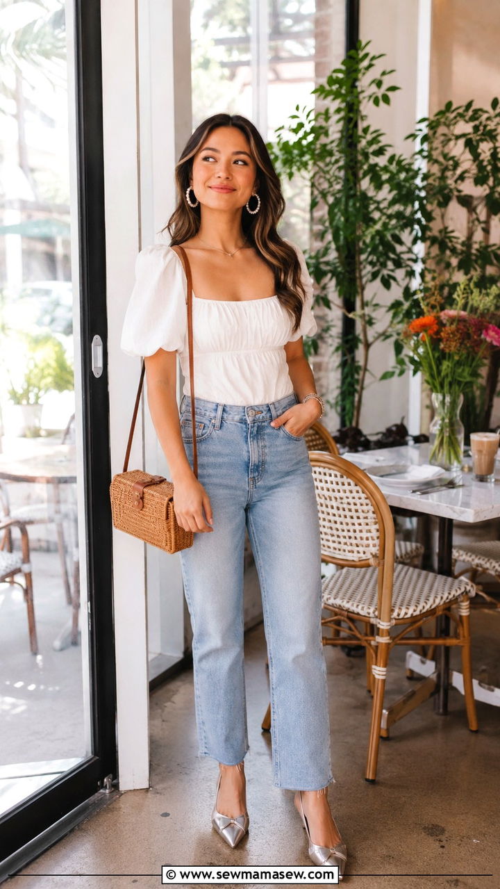 Puff Sleeve Top and Straight Leg Jeans Brunch Outfit - 30 Brunch outfit ideas Bay Area