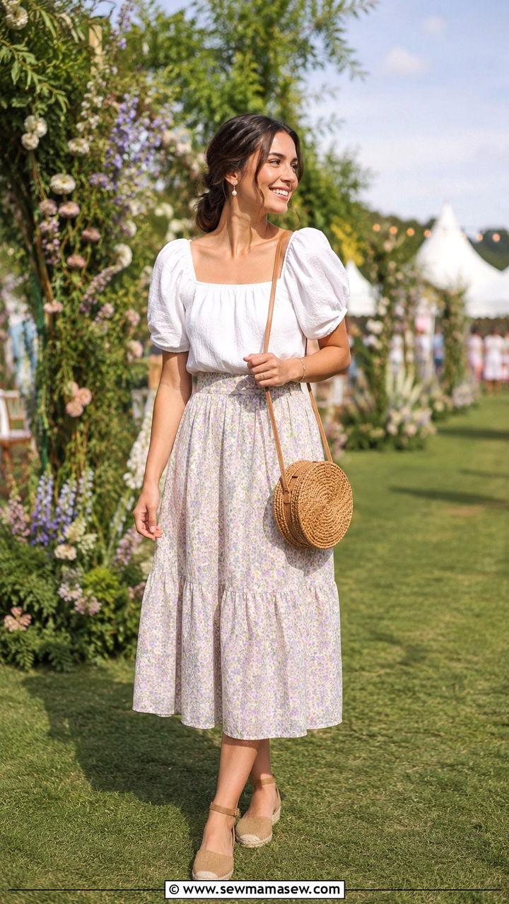 Puff Sleeve Top with A Line Skirt - 30 modest music festival outfit ideas