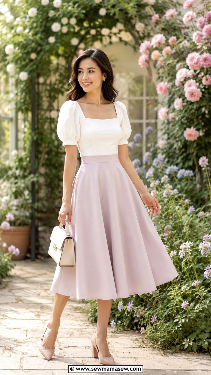 Puff Sleeve Top with A Line Skirt - 25 outfit ideas for short torso women