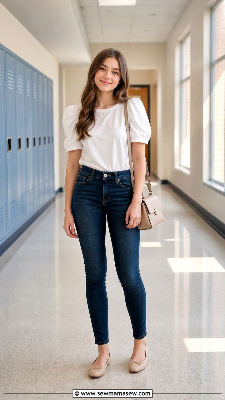 Puff Sleeve Top with Dark Wash Skinny Jeans Outfit - 40 First day of school outfit ideas 2026