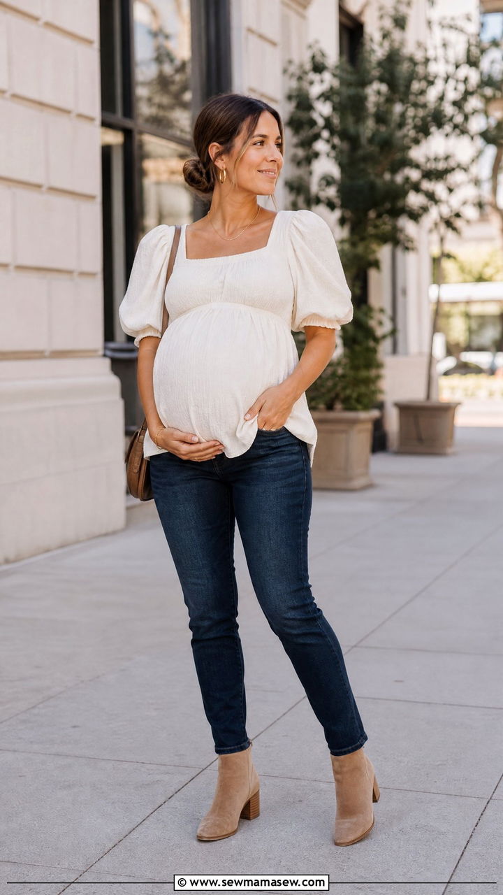 Puff Sleeve Top with Maternity Jeans Outfit - 25 Maternity outfit ideas for gender reveal