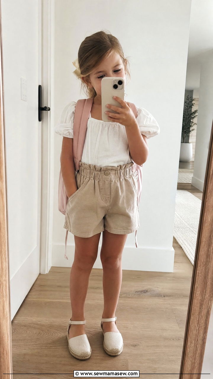 Puff Sleeve Top with Paperbag Shorts and Espadrilles - 25 First day of preschool outfit ideas