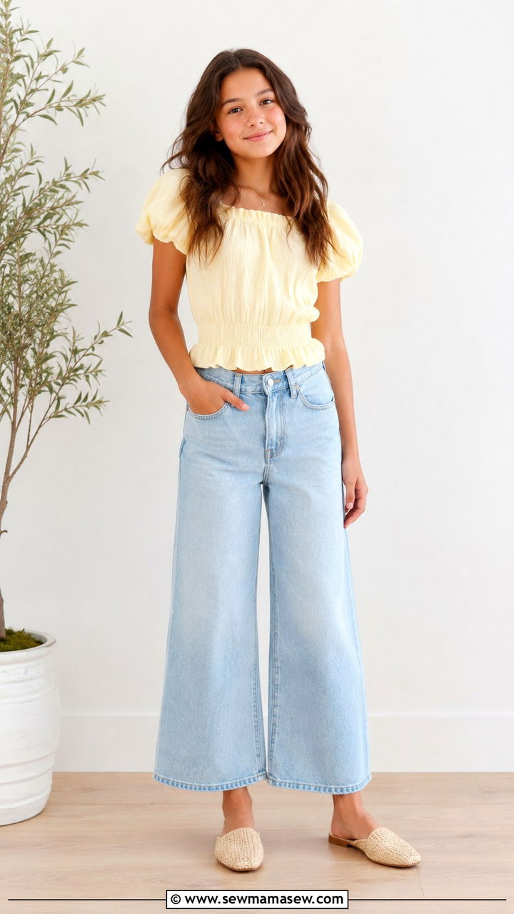 Puff Sleeve Top with Wide Leg Cropped Jeans - 30 Spring outfits for middle school
