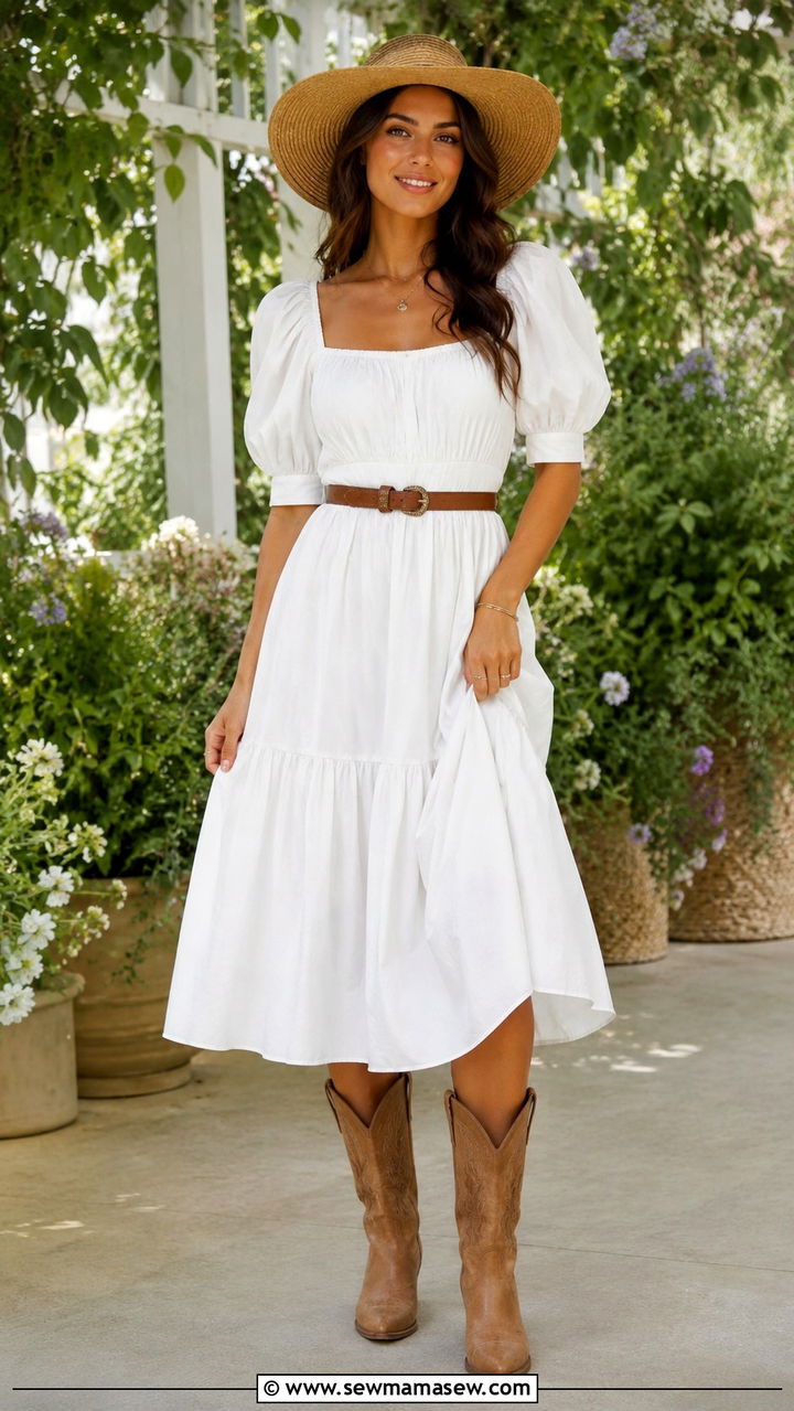 Puff Sleeve White Midi Dress With Cowboy Boots And Hat - 30 transitional western outfit ideas
