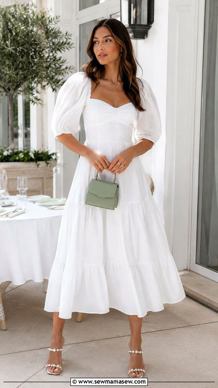 Puff Sleeve White Midi Dress and Heeled Sandals - 30 Spring brunch with friends outfits