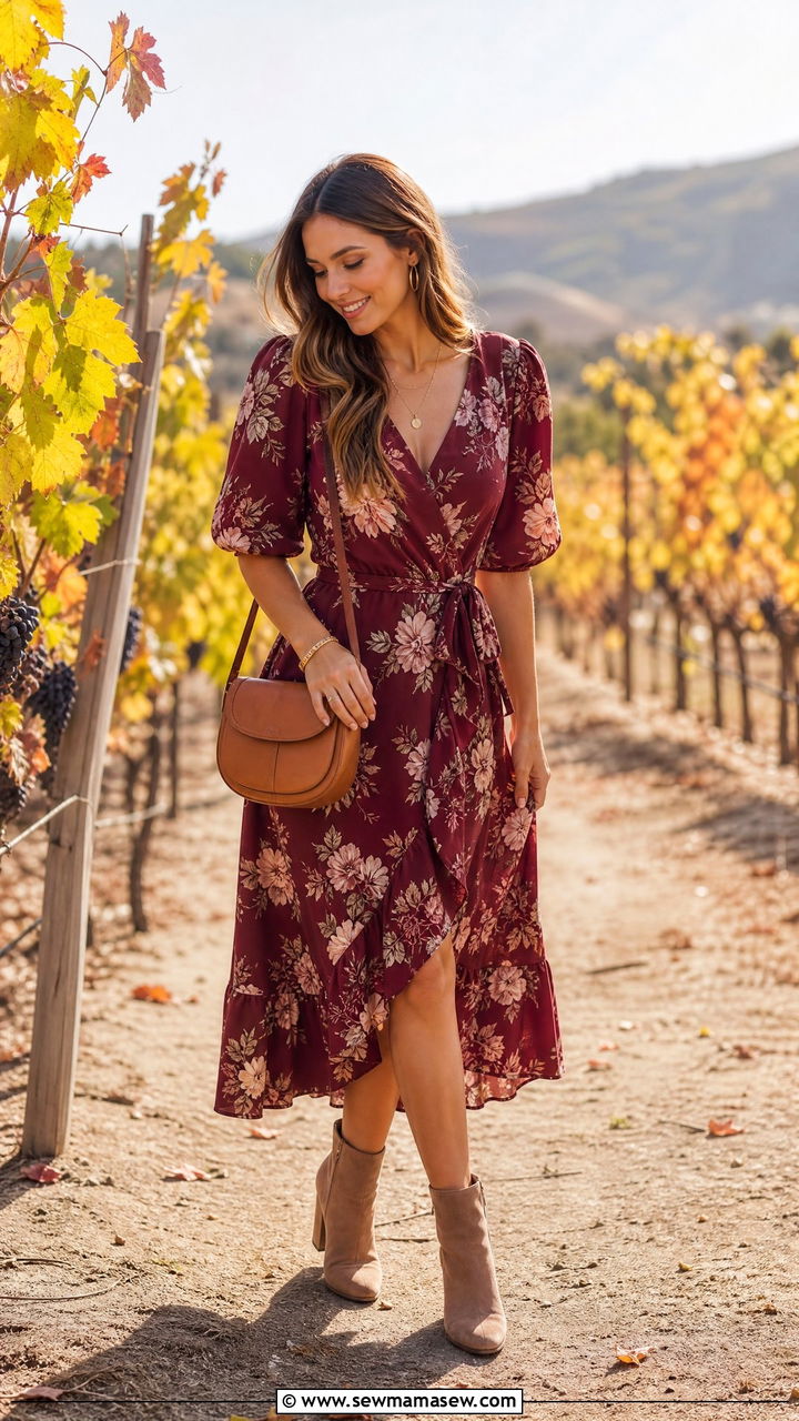 Puff Sleeve Wrap Dress with Ankle Boots - 25 Outfits for narrow shoulders