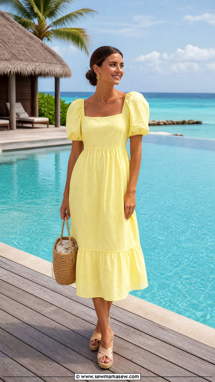 Puff Sleeved Sundress With Wedge Sandals - 35 Maldives vacation outfit ideas