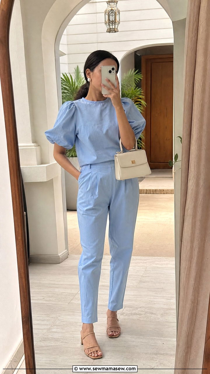 Puff sleeve and tapered pant coord set for brunch - 30 Coord set outfit ideas for brunch