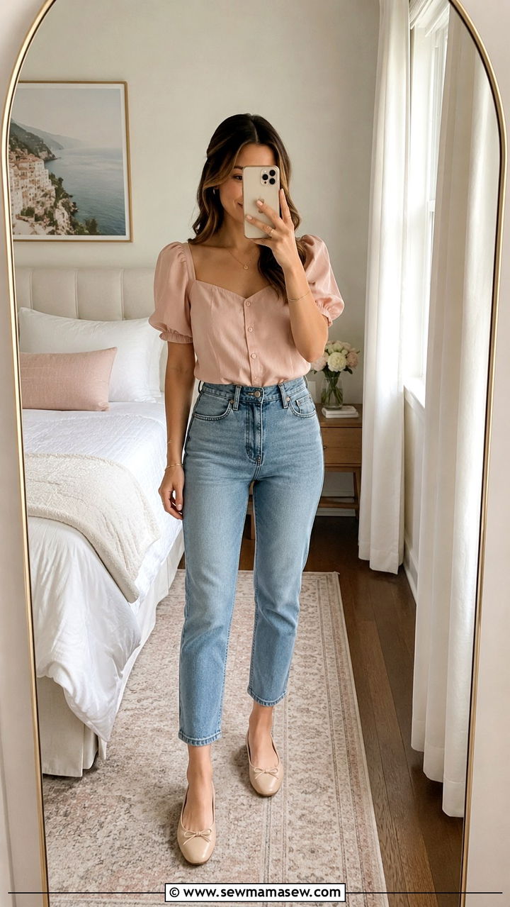 Puff sleeve blouse and cropped straight leg jeans with ballet flats - 25 Petite outfit ideas affordable