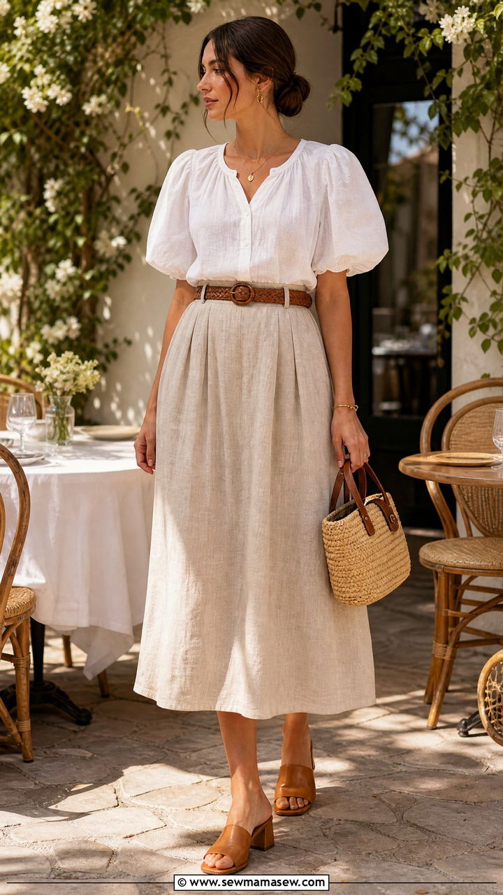 Puff sleeve blouse and high waisted linen skirt - 25 classy cottagecore outfit ideas