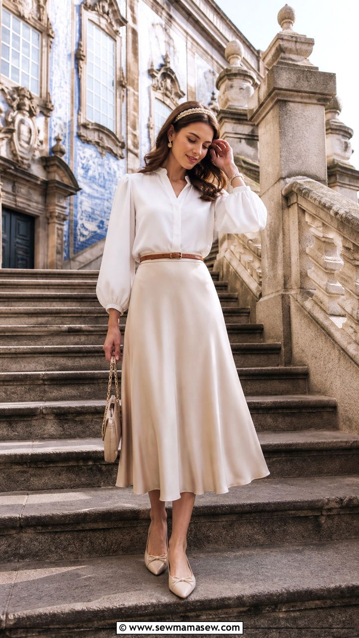 Puff sleeve blouse and midi skirt Porto - 40 What to wear in Porto