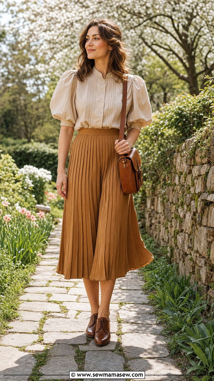 Puff sleeve blouse and pleated midi skirt with satchel outfit - 25 spring light academia outfits
