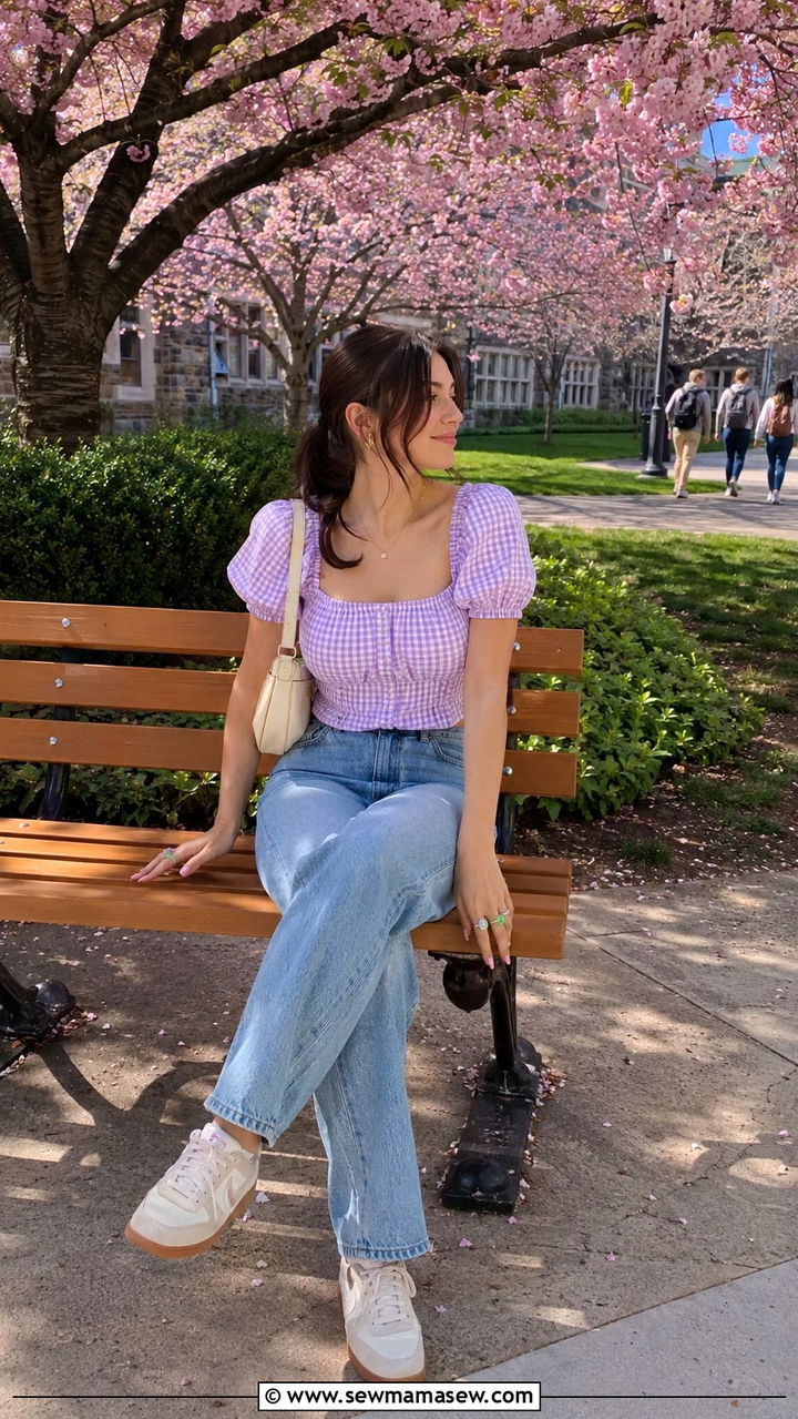 Puff sleeve blouse and straight jeans outfit - 30 Spring outfits for college girls