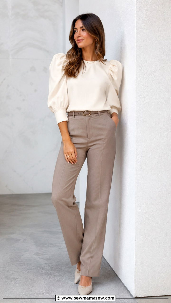 Puff sleeve blouse and straight leg trousers - 30 outfit ideas for rectangle body shape