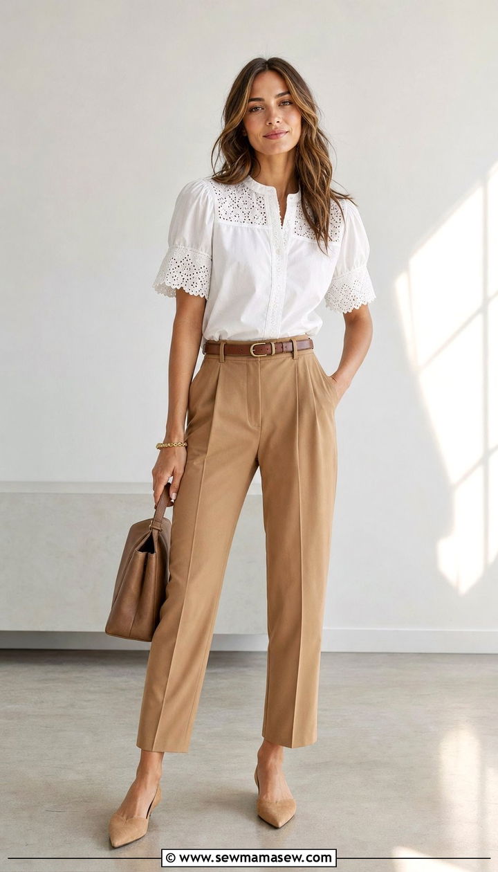 Puff sleeve blouse and tailored trousers spring outfit - 25 Cute spring outfit ideas 2026