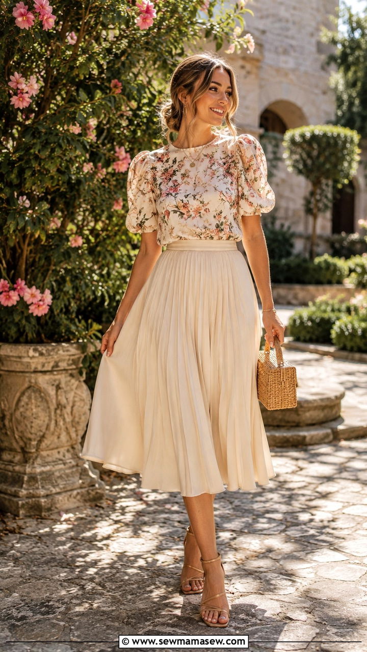 Puff sleeve blouse with a midi skirt and strappy sandals - 30 spring city break outfit ideas