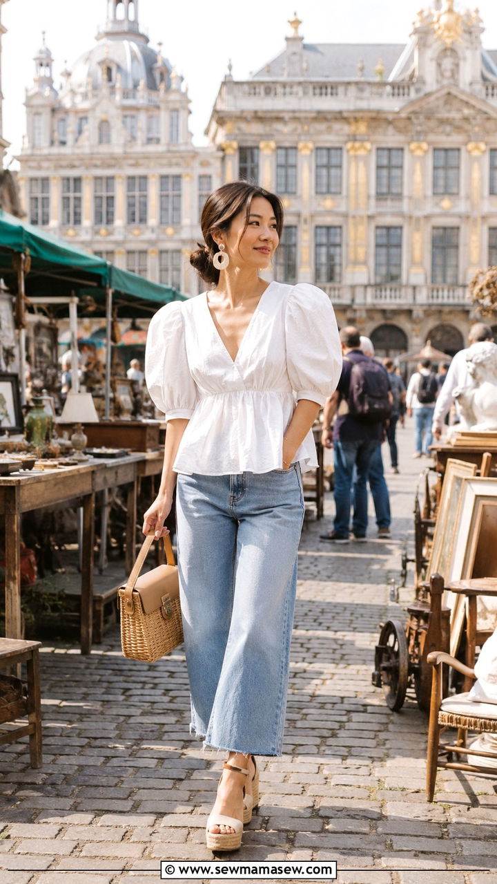 Puff sleeve blouse with cropped wide leg jeans - 25 Petite outfit ideas for Europe
