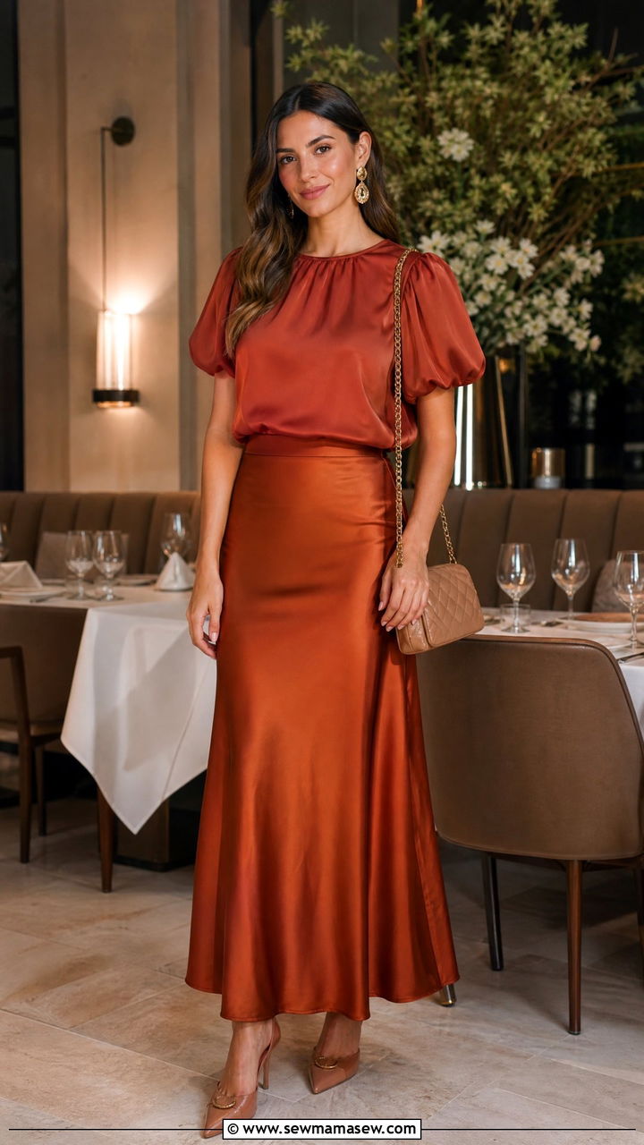 Puff sleeve blouse with satin maxi skirt - 35 maxi skirt outfits for women