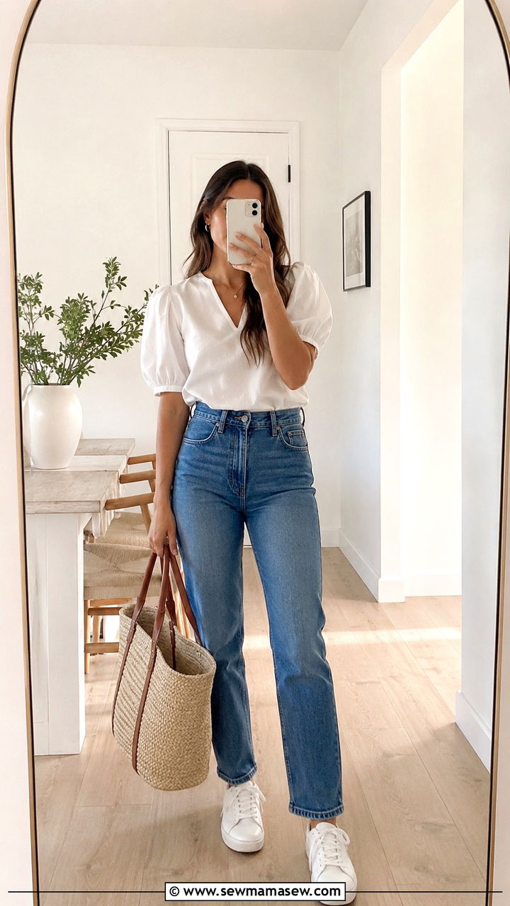 Puff sleeve blouse with straight leg jeans - 25 Outfit ideas for narrow shoulders