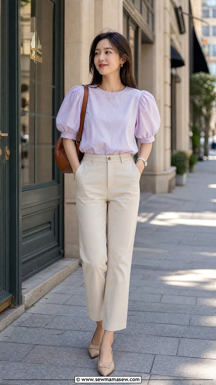Puff sleeve blouse with straight leg pants - 25 Outfit ideas to flatter shoulders