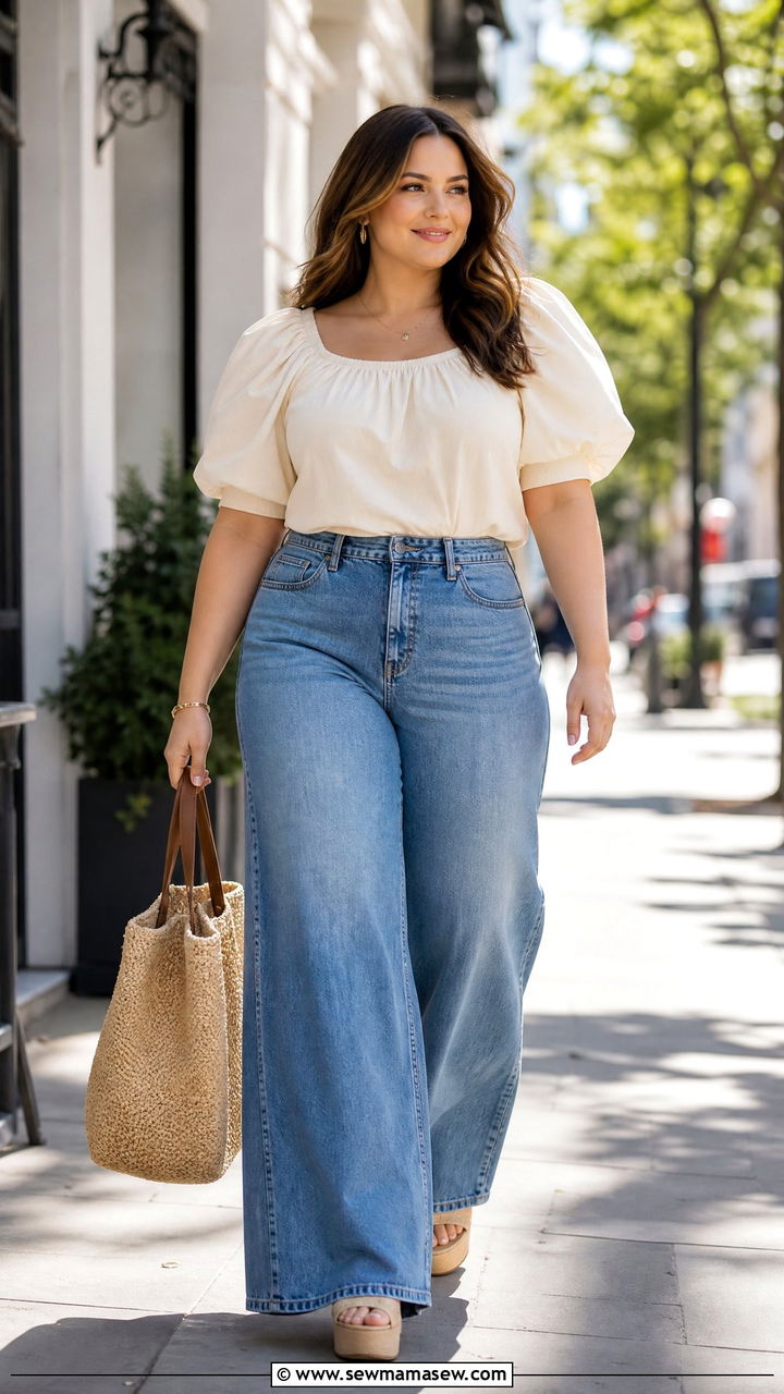Puff sleeve blouse with wide leg jeans - 25 Flattering outfits for big arms