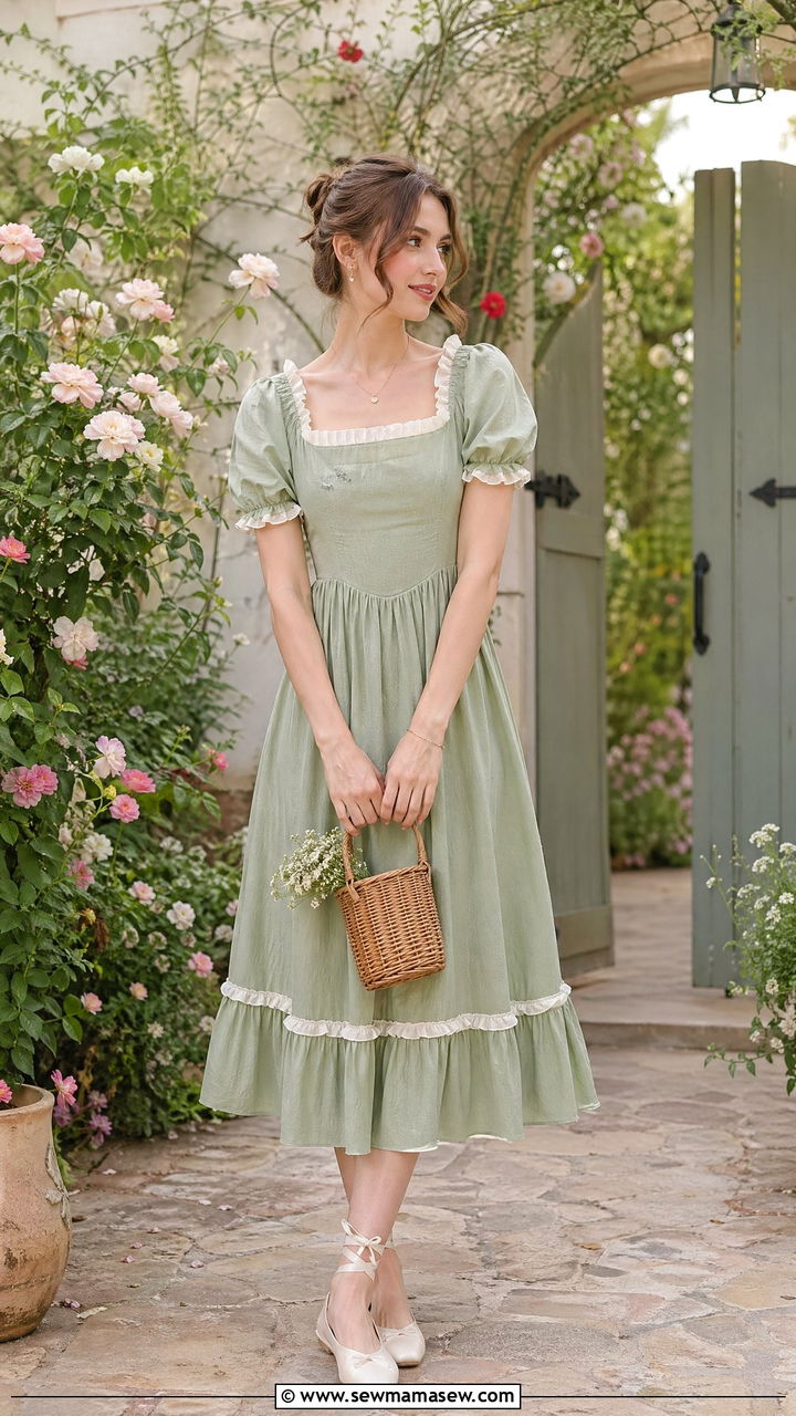 Puff sleeve dress and ballet flats feminine look - 35 First day of college outfit ideas