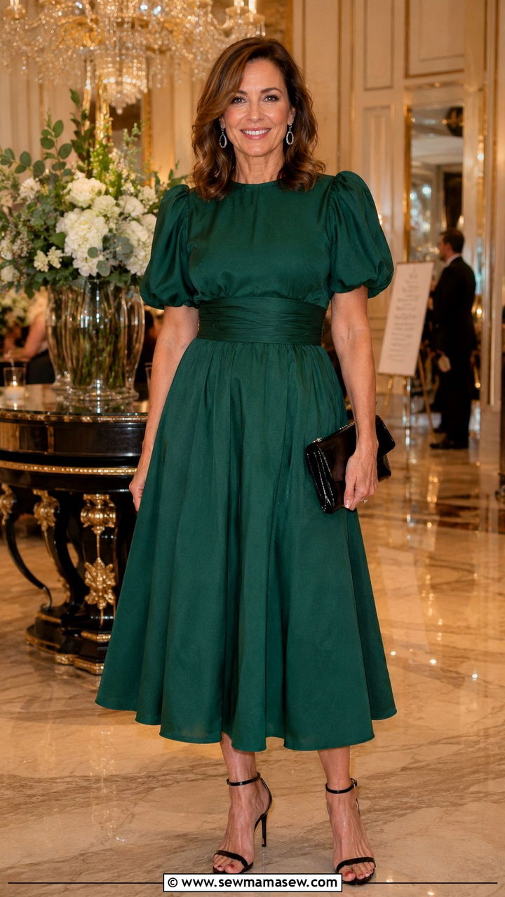 Puff sleeve dress with a clutch - 30 Dress outfit ideas for women over 40