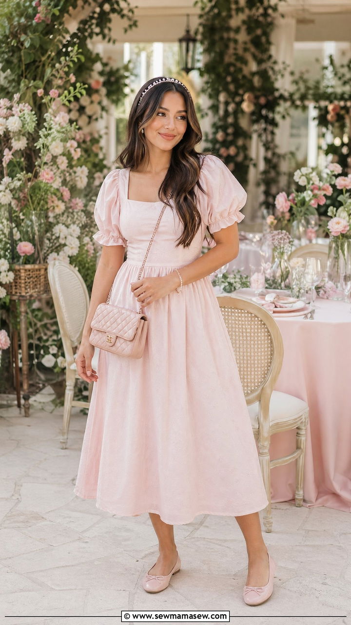 Puff sleeve dress with ballet flats outfit - 35 dress outfits ideas