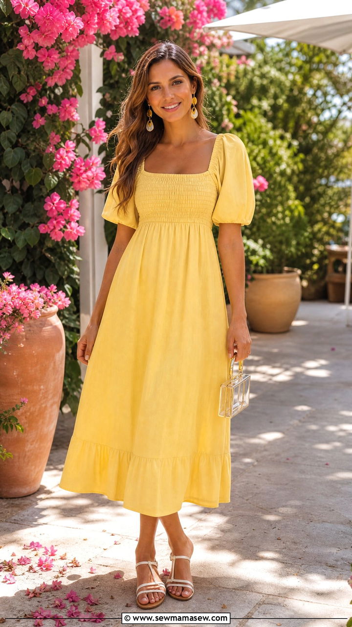 Puff sleeve midi dress resort outfit - 30 modest resort vacation outfit ideas
