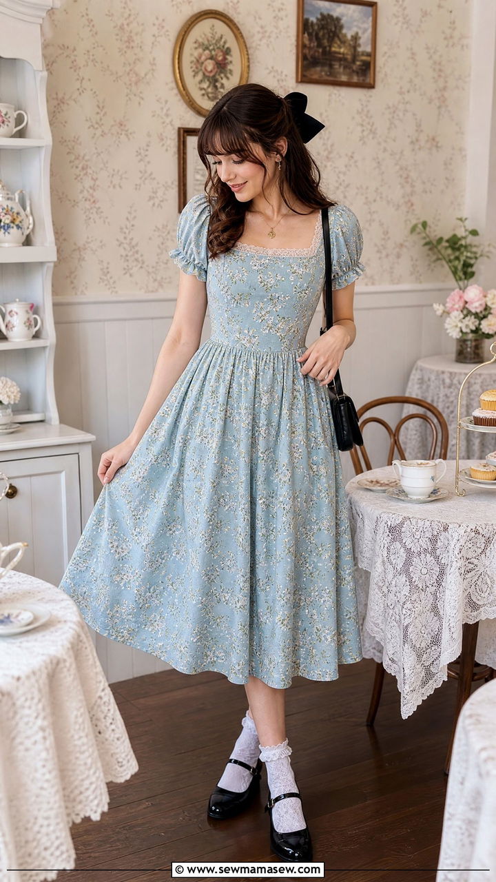 Puff sleeve midi dress with Mary Janes - 25 classy cottagecore outfit ideas