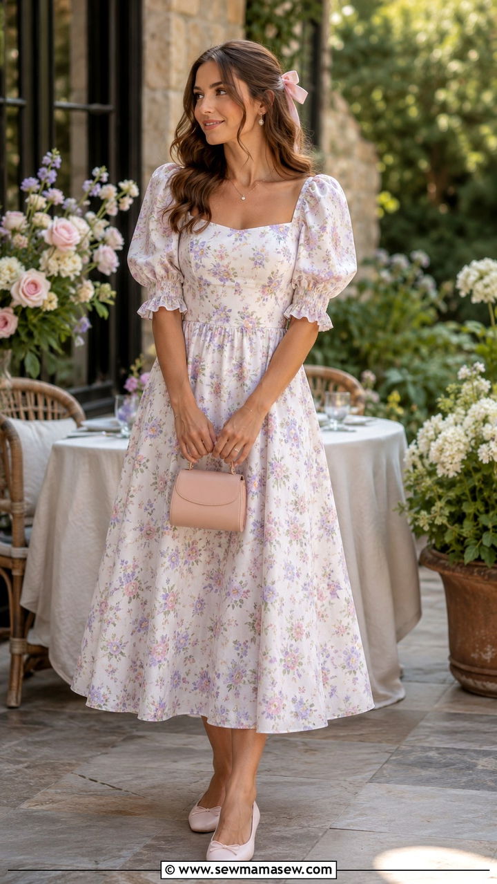 Puff sleeve midi dress with ballet flats - 30 Spring cottage outfits