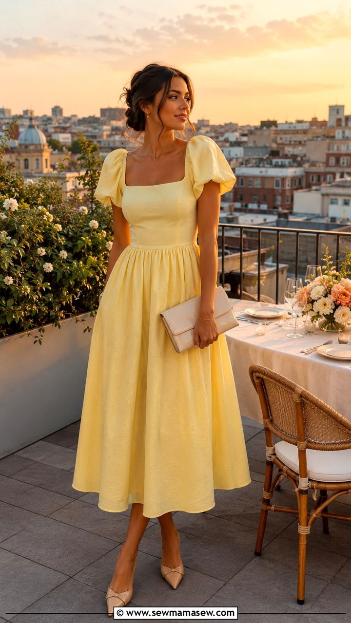 Puff sleeve midi dress with mules - 30 spring rooftop dinner outfit ideas
