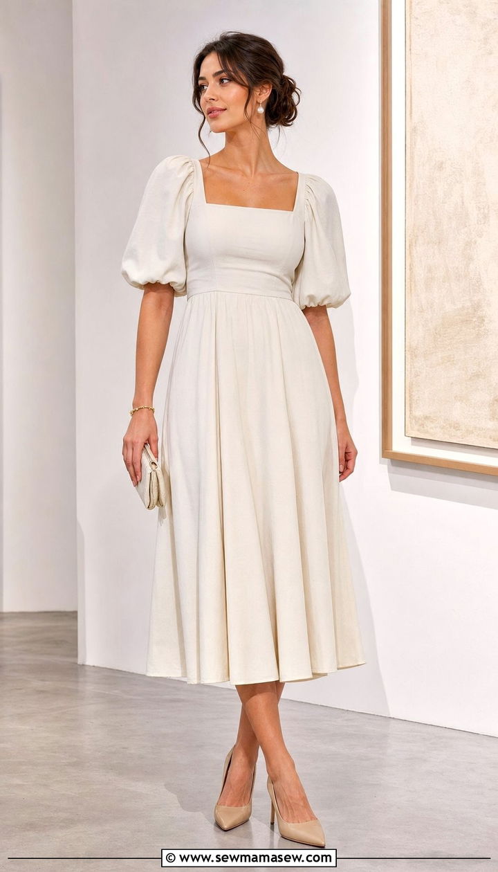 Puff sleeve midi dress with pearl earrings and neutral pumps outfit - 25 spring light academia outfits