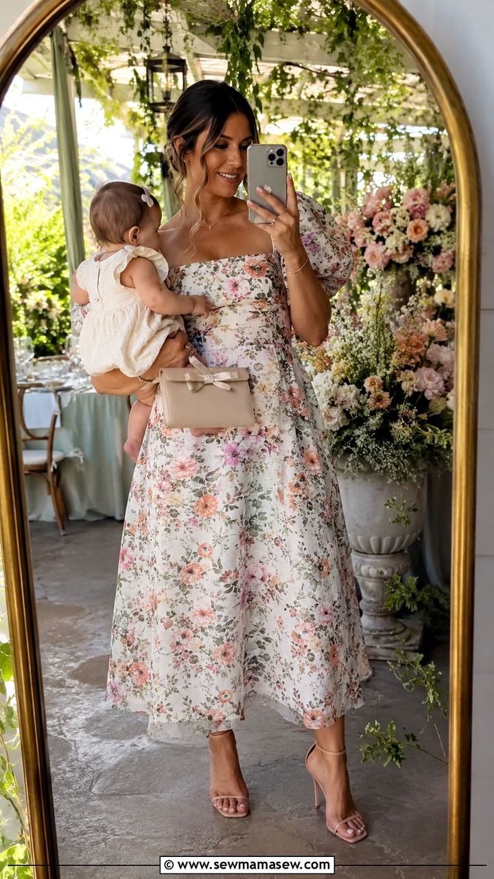 Puff sleeve midi dress with strappy heeled sandals - 25 wedding guest outfits for new moms