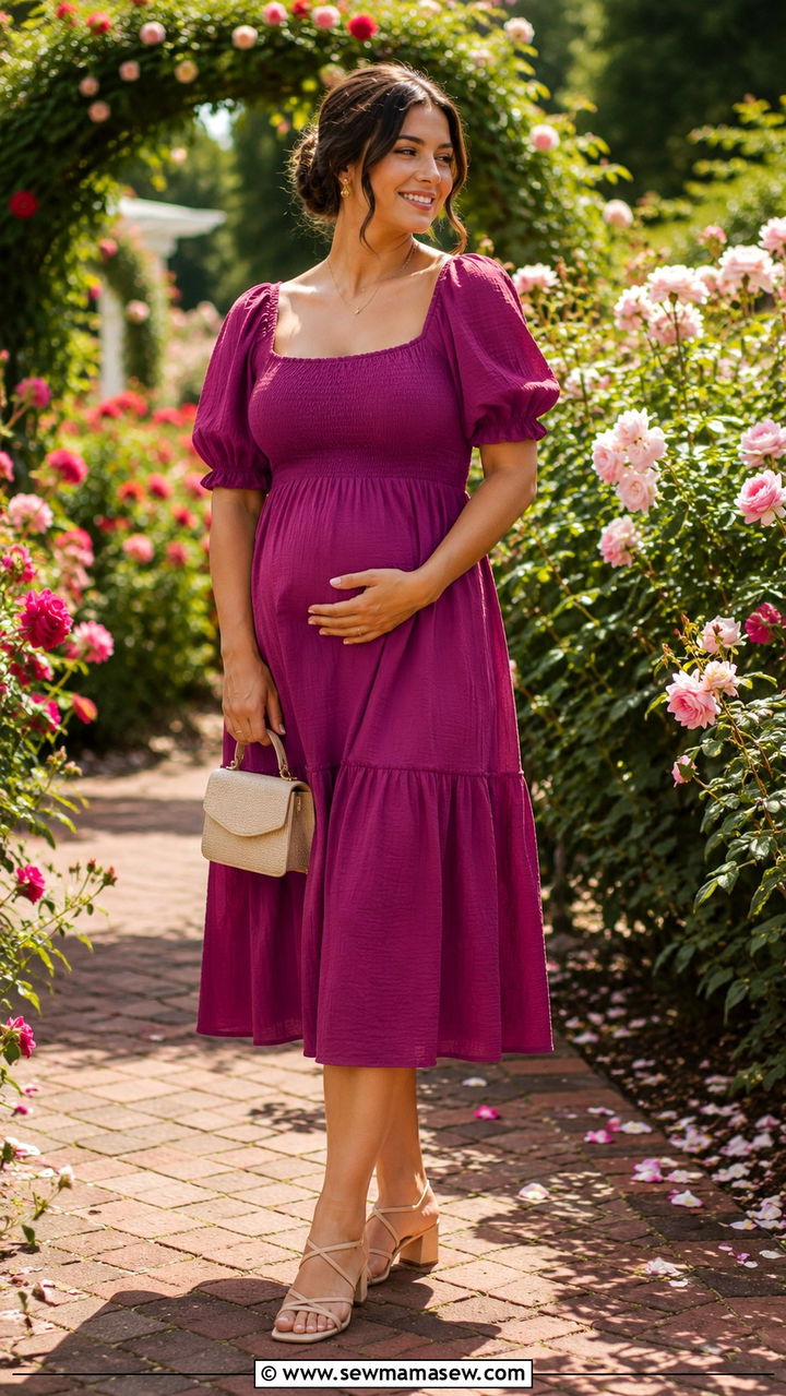 Puff sleeve midi dress with strappy heels and a mini bag - 25 wedding guest outfits for postpartum women