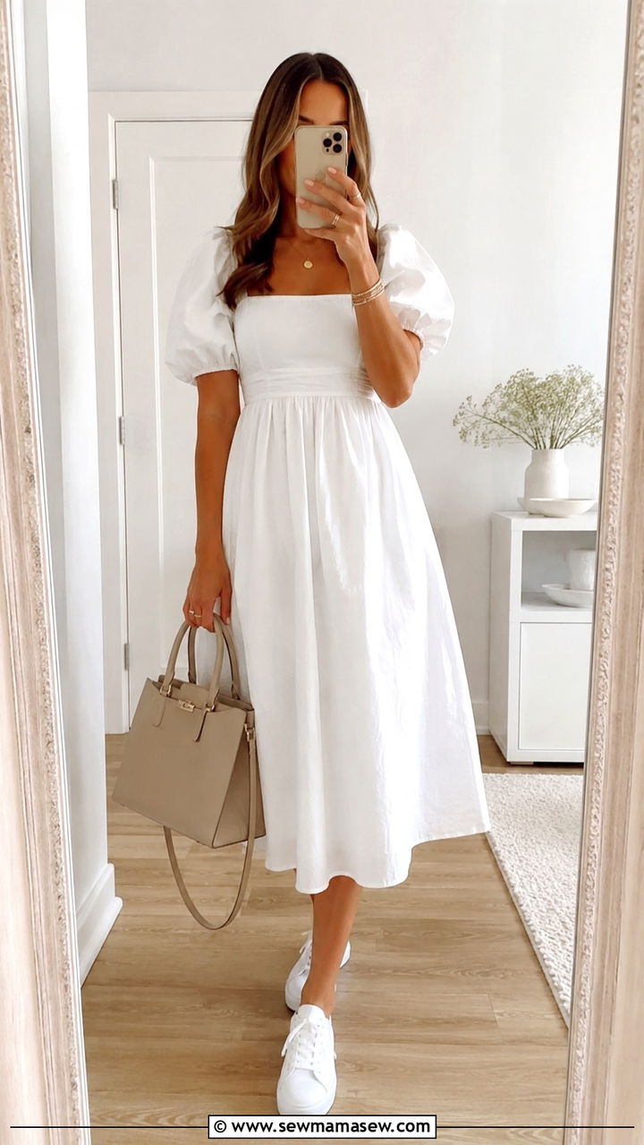 Puff sleeve midi dress with white sneakers - 30 Midi dress with white sneakers outfit ideas